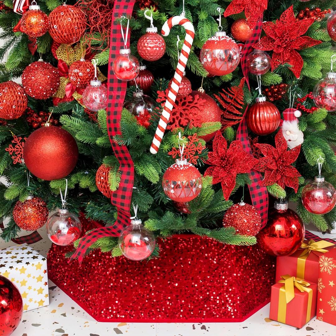 XmasExp Christmas Tree Collar, 33.5 inch Sequin Tree Skirt Stand Base Cover for Home Decor, Large Size 6 Piece, Red