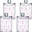 Gredecor 2 Pack Qtip Holder Clear Aesthetic Pink Ribbon Bow Apothecary Jars with Lids Acrylic Bathroom Jars Vanity Countertop Canister Storage Organizer for Cotton Ball,Swabs,Pads,Floss