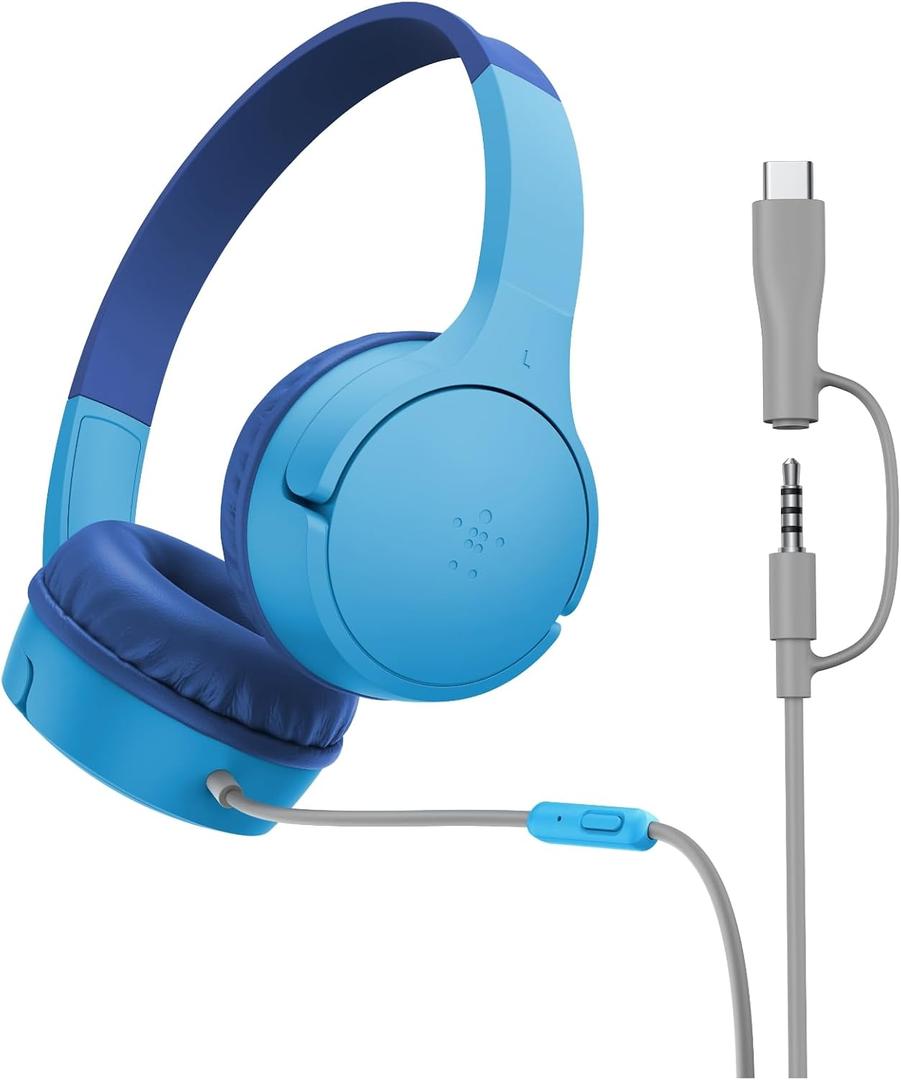 Belkin SoundForm Mini Kids Wired Headphones w/USB C to 3.5mm Dongle, Built-in Mic & Fun Stickers, 85dB Max Volume for Online Learning, Travel, Compatible w/iPhone 16, iPad, Galaxy S25, etc - Blue