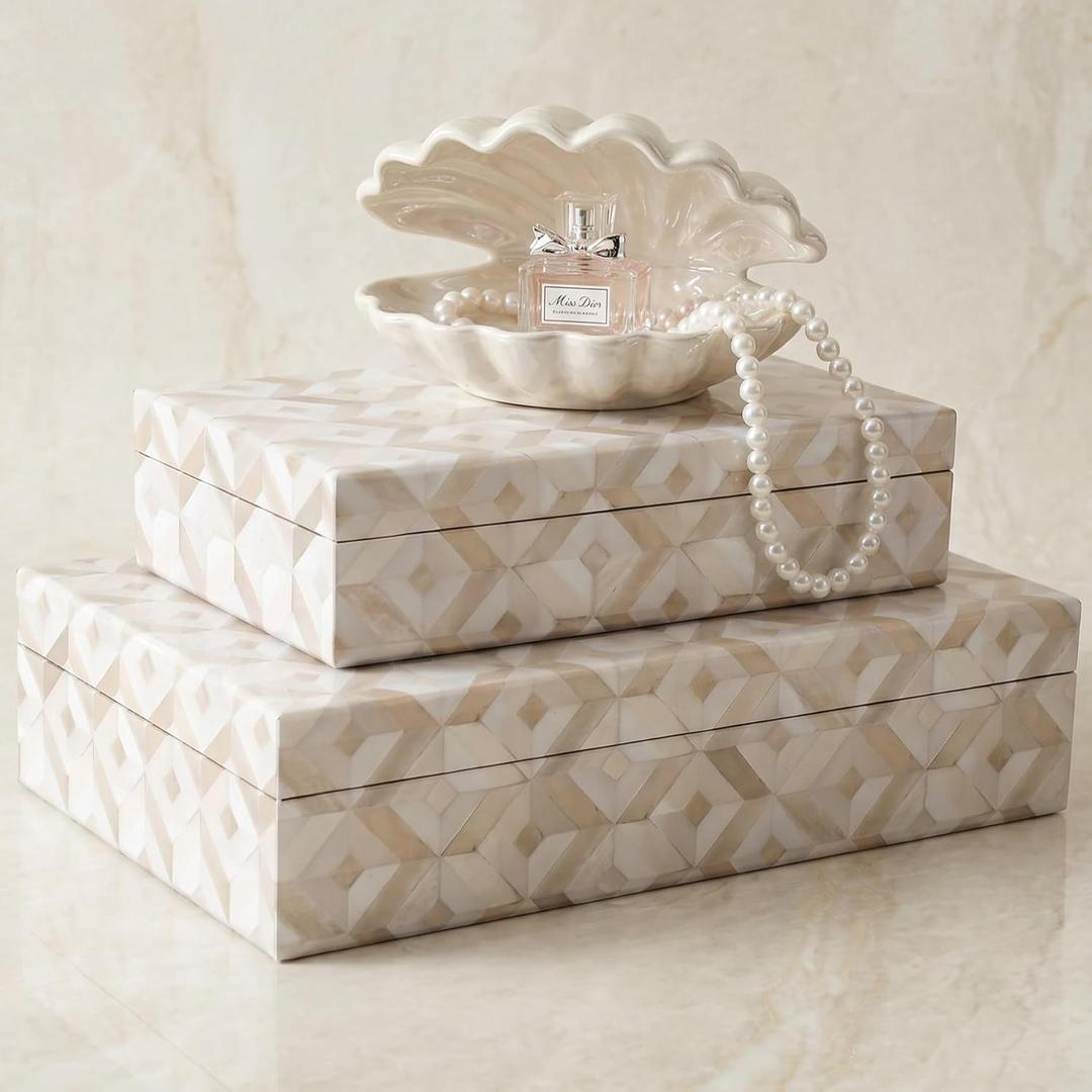ZICOTO Decorative Storage Boxes with Lids - Set of 2 Beautiful Organizer Bins for Your Bookshelf Home Decor - Safely Store Photos, Documents and Memory Box Keepsakes on Your Shelves in Style