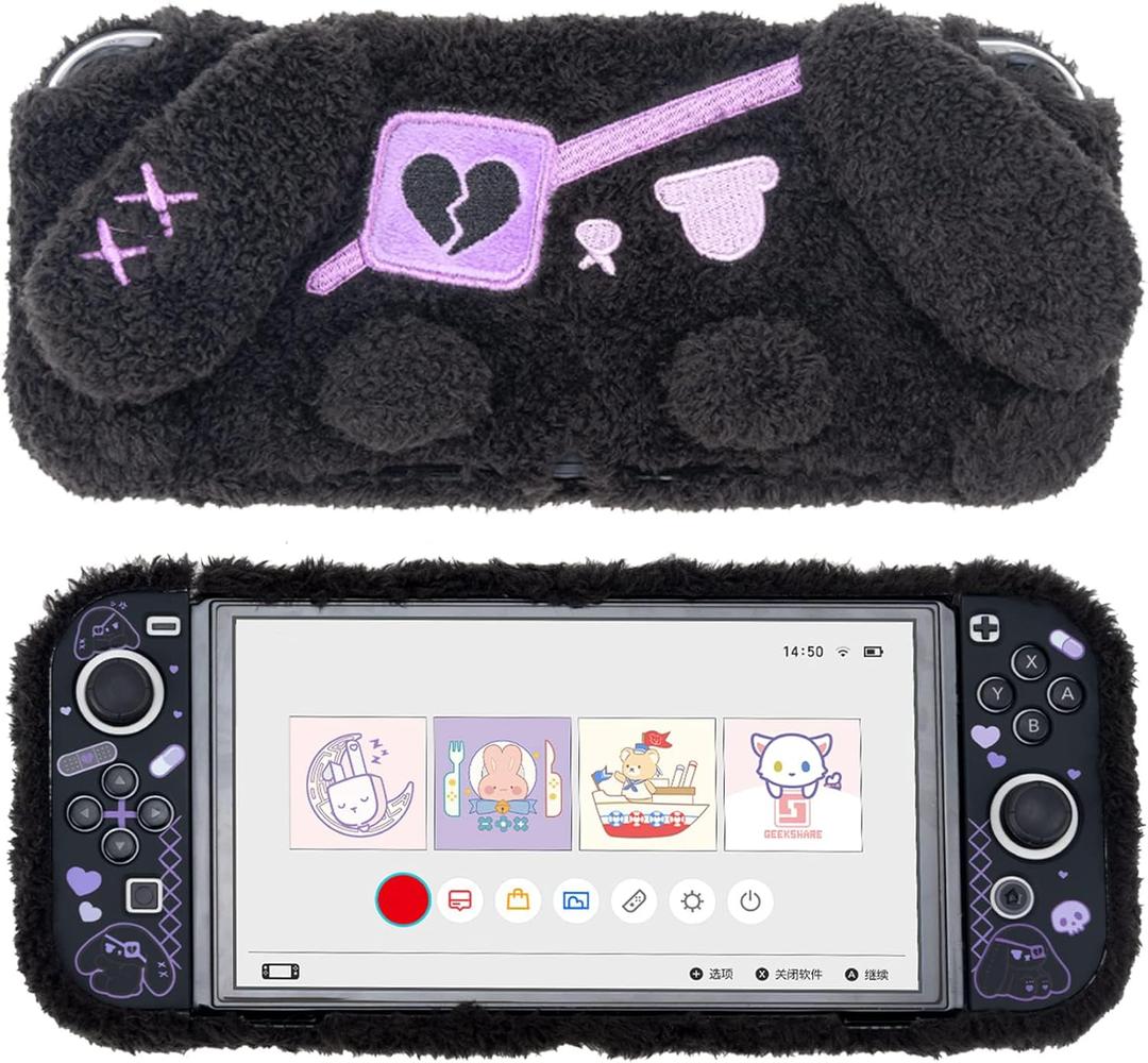 GeekShare Protective Case for Switch OLED Model Plush Rabbit Protective Shell for Switch OLED Console and Joy-Con Only - Hard & Anti-Scratch - Dark Plush Bunny