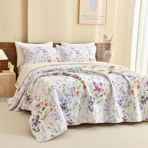Sanracie Oversized King Bedspread(128"x120"),100% Cotton Floral Quilt Set Extra Wide 3Pcs Lightweight Summer Yellow Wild Flower Botanical Printed Pattern Bedding Coverlet California King Size (Oversized King Plus(128*120), Floral B)