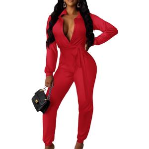 BestGirl Women's Sexy Turn Down Collar Long Sleeve Beam Foot Jumpsuits (Red, XL)