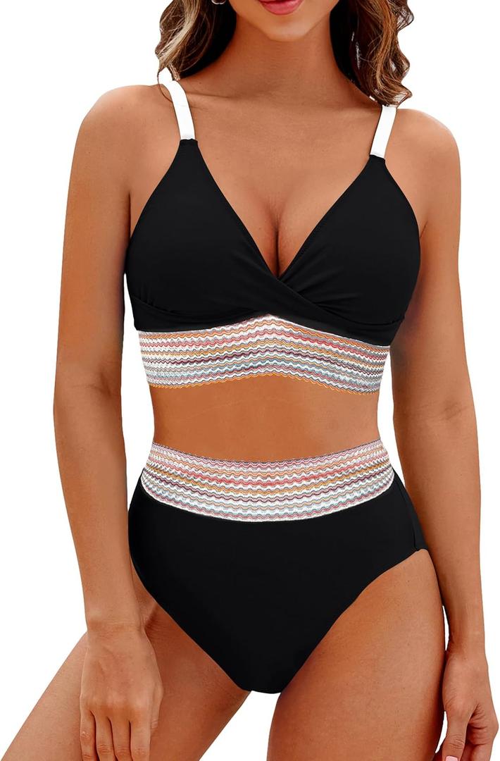 BMJL Women's High Waisted Bikini Sets V Neck Two Piece Swimsuit Color Block Twist Front Bathing Suits M