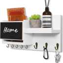 Decorative Key Hanging Rack with 8 Hooks  Easy Install Natural Wooden Key and Mail Holder for Wall Mount  Sunglasses Wallet Holder Entryway Decor with Shelf and Chalkboard (White)