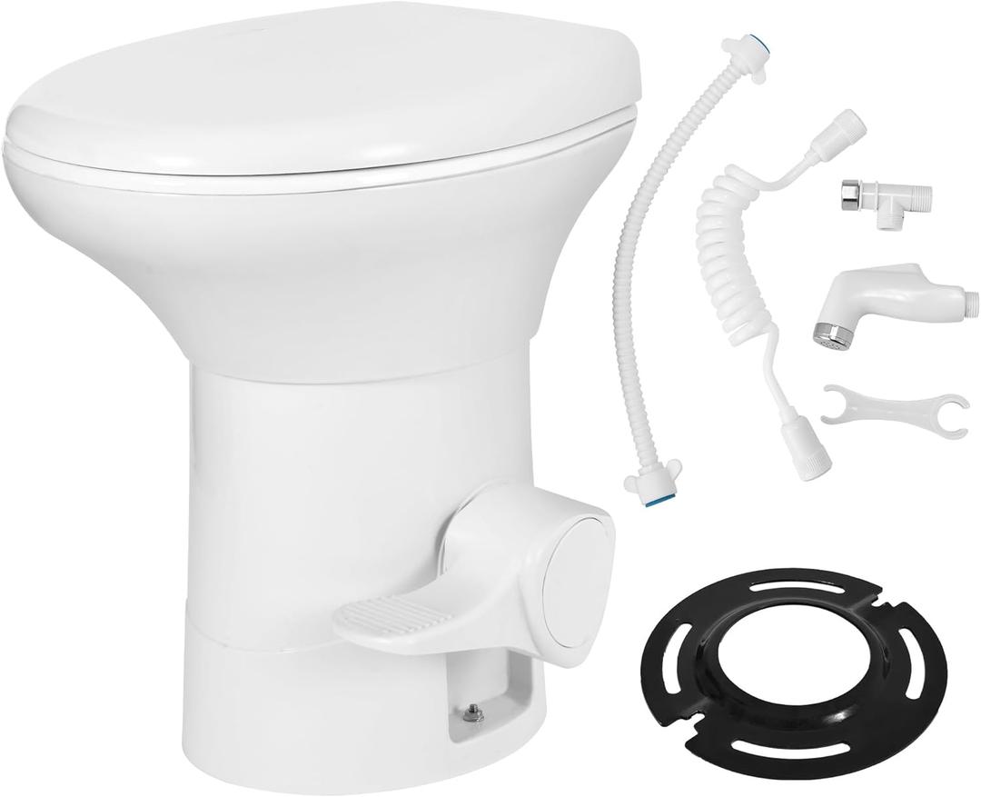 YITAHOME RV Toilet with Enamel Bowl, Plastic Toilet Body, Pedal Flush, Gravity Flush Toilet High Profile with Hand Sprayer, Flange for Motorhome Caravan Car Travel