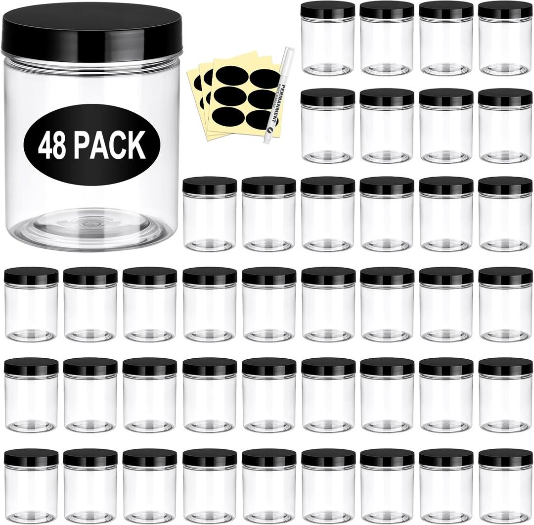 Eupako 48 Pack Plastic Jars with Lids 6 OZ - Empty Clear Cosmetics Containers with Pen and Labels, Round Small Plastic Jars with Screw On Lids for Slime, Makeup, Butter, Cream, Lotion, Pot, Dry Food