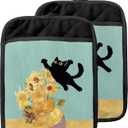 GOOZHO Funny Black Cat Flower Pot Holders with Pockets, Cat Kitchen Decor, Abstract Painting Black Kitten Oven Pot Holders Heat Resistant Oven Mitts Hot Pads for Kitchen Baking Cooking