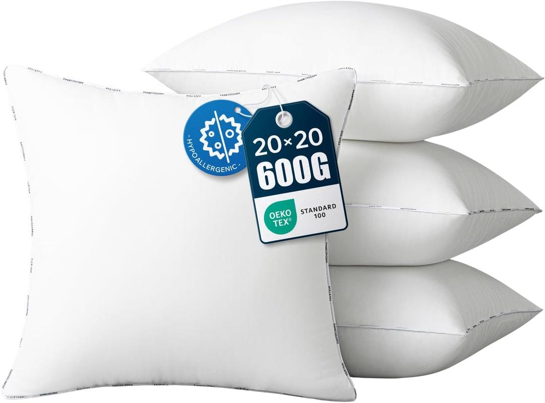 Phantoscope Hypoallergenic Throw Pillows Insert, 100% Virgin Fiber Throw Pillows - Indoor Pillow Inserts Decor Stuffer for Desk Sofa and Couch, Set of 4, 20 x 20