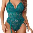 Avidlove Sexy Lingerie for Women Lace Bodysuit Teddy Lingerie One Piece Lingerie with Garter Belt (Medium, Bule Green)