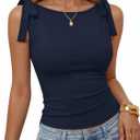 ZESICA Womens Summer Going Out Tank Tops 2026 Trendy Casual Sleeveless Tie Shoulder Boat Neck Ruch Fitted Crop Y2k Shirts, Navy, Small