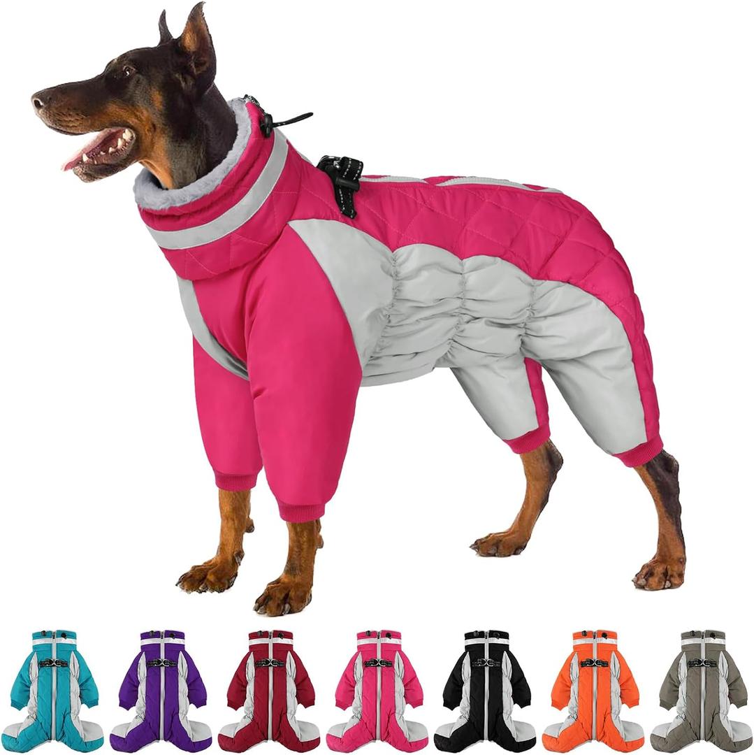 Full Body Dog Coat - Warm Fleece Jacket for Extra Large Dogs, Turtleneck Winter Coats with Harness, Reflective Dog Snowsuit Windproof Puffer Jackets with Legs for Great Dane, Pink 3XL