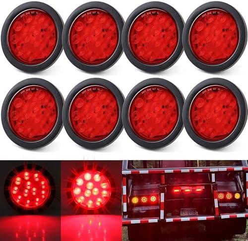 Konrali 8Pcs 4” Inch Round LED Trailer Tail Lights Red, 4 Round Led Stop Turn Tail Lights Brake Trailer Lights 12LED for RV Trucks, Rubber Grommets and 3 Prong Wire Pigtails Included