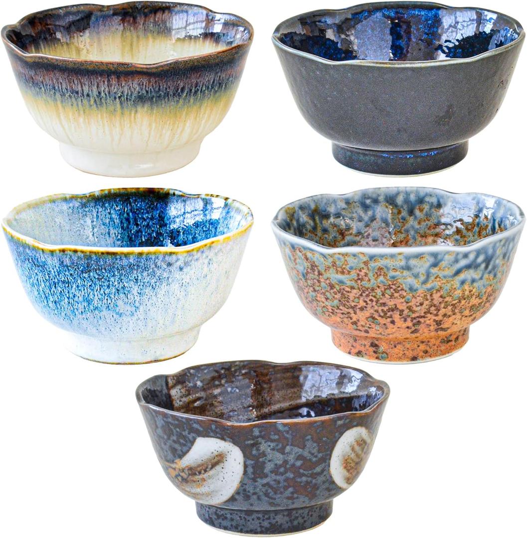 Koudai Small Bowl Set of 5,Deep Ceramic Bowls in Japanese Colors, Perfect for Cooking Prep, Eating,Serving, Stackable and Luxurious Design