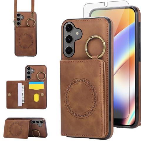 Compatible with Samsung Galaxy S25 FE 5G Wallet Case and Screen Protector Crossbody Shoulder Strap Ring Buckle Stand Card Holder Magnetic Car Mount Phone Cover for S 25 EF S25FE 25S 25FE Women Brown and Red, 2 Pack