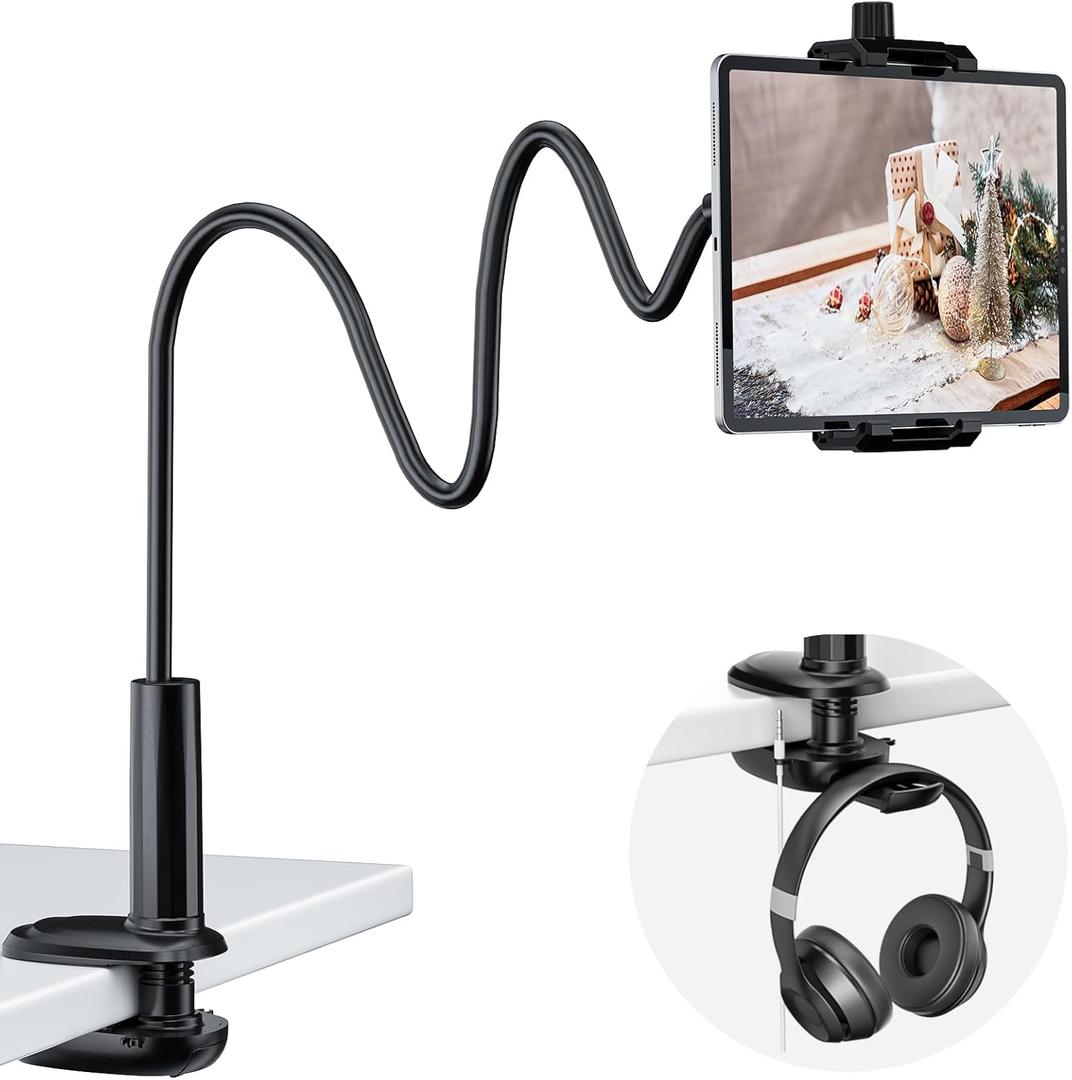 KDD Gooseneck Tablet Stand, 360° Adjustable Phone & iPad Holder for Bed and Desk, Flexible Arm Mount Clip for Video Recording, Bedside & Headboard Clamp for iPad Pro 12.9, Mini, Switch