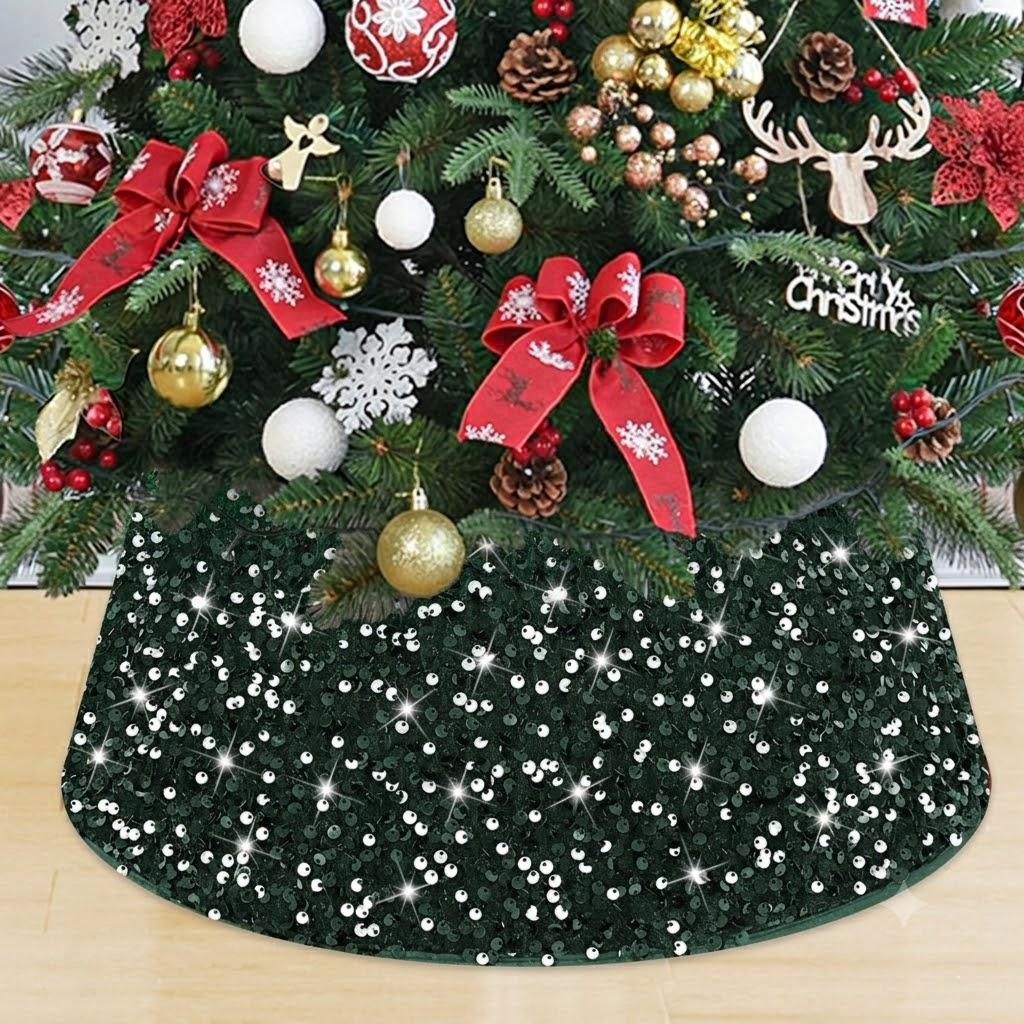  Christmas Tree Stand Base Sequins Christmas Tree Collar 24 Inch Green Shimmer Velvet Tree Stand Cover Sparkling Tree Skirt Christmas Decorations Maroon Xmas Tree Base for Xmas Home Party