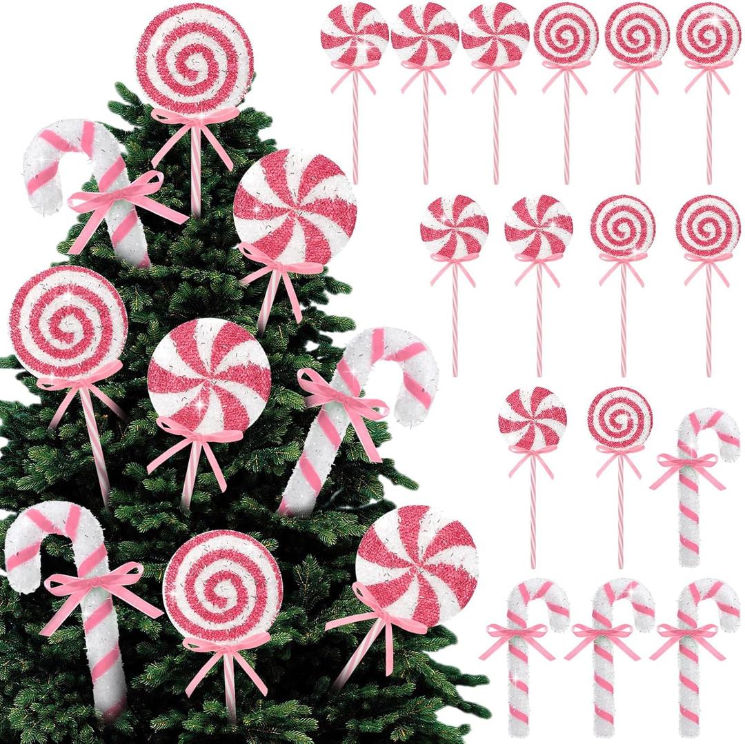 Threehoney 16 Pcs Candy Cane Christmas Decorations, Christmas Glitter Candy Cane Hanging Ornaments Xmas Swirl Windmill Lollipop Home Decor for New Year Xmas Indoor Home Supplies(Pink,Sweet)