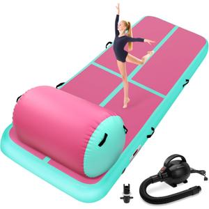 Inflatable Gymnastics Tumble Mat and Air Roller Set, Air Mat Track and Gymnastics Air Barrel with Electric Air Pump for Home Use Outdoor Training Cheerleading Beach Park Size: 40x23.6 Inch Roller/10x3.3x0.3ft Mat