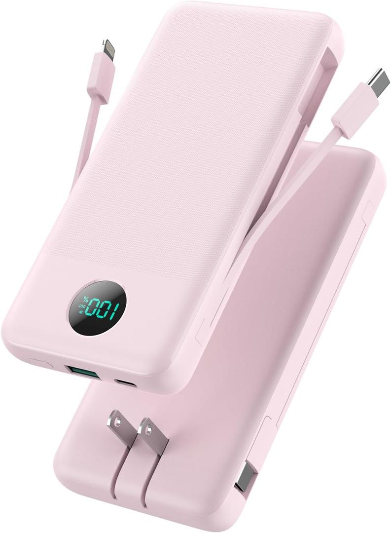 GKUTW Portable Charger 13800mAh Slim USB C Power Bank with Built in Cables and Wall Plug, LCD Display Lightweight Travel Battery Pack, PD Fast Charging Compatible with iPhone 15, 14, Samsung Android-Pink