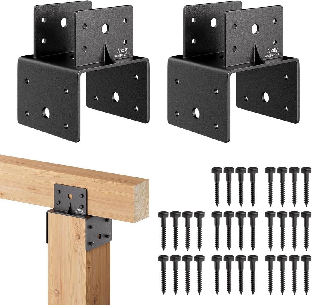 6x6 Post Anchor Connector, 2Pack Stainless Steel Post Caps Tie Bracket for 6x6 and 4x6 Wood Posts, Beam Anchor Connector, Post Base Bracket for Supporting Wood Beams, Black