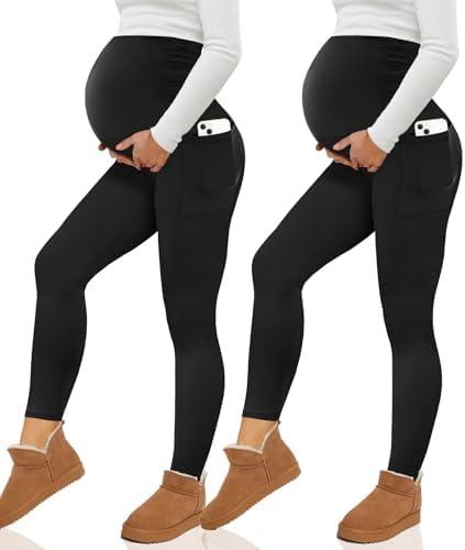 Happy.angel 2 Pack Maternity Fleece Lined Leggings Over The Belly, Womens Black Workout Yoga Pregnancy Pants with Pockets XL
