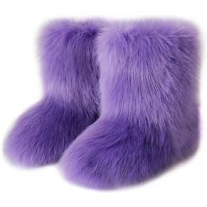 QMFUR Women's Furry Faux Fur Boots Fuzzy Fluffy Mid Calf Snow Boots Suede Warm Fur Lined Booties Flat Fashion Boots (8, Purple)