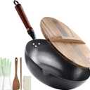 Wok Pan 12.5", Stir Fry Pan with Lid, Gloves & Cookware Accessories, Carbon Steel, Suitable for All Stoves (Flat Bottom)