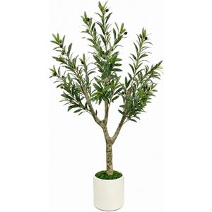 Olive Trees Artificial Indoor, 4ft Tall Olive Tree with White Planter, Faux olive tree with Natural Wood Trunk & Realistic Leaves & Lifelike Fruits, Artificial Plants for Home Decor Office Living Room