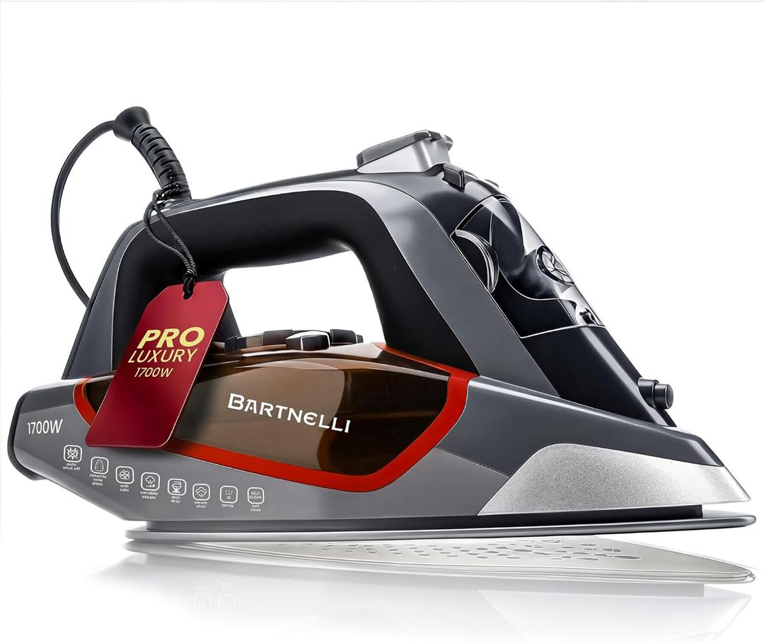 Bartnelli Pro Luxury Steam Iron for Clothes - 1700W Heavy-Duty Commercial Iron with Multi-Layer Ceramic Soleplate, Active Anti-Drip Technology, Smart 3-Way Auto Shut-Off & Precision Tip