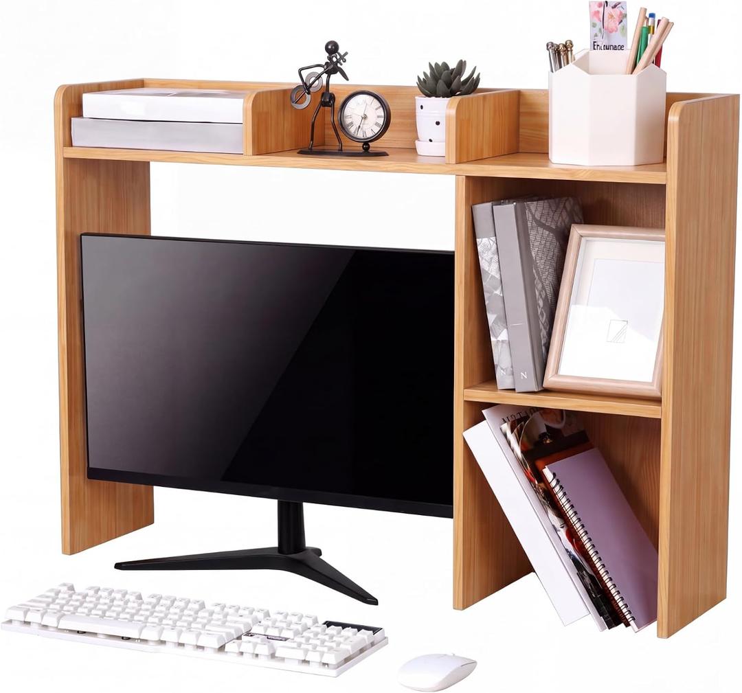 Briwooody Dorm Desk Bookshelf Desk Hutch Organizer with 5 Shelves and 3 Tier Desktop Hutch Storage Organizer for College Dorm Home Office Supply, 32.5 x 23.5 x 8 Inch(Bamboo and Wood)