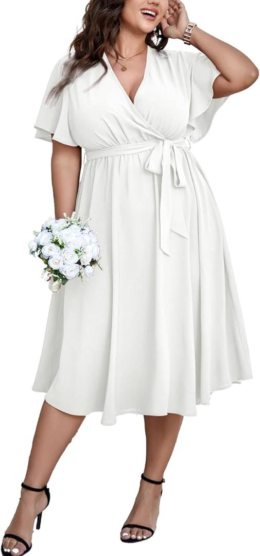 SCOMCHIC Womens Plus Size Wedding Guest Cocktail Midi Dress Summer Short Sleeve Wrap V Neck Belted A-Line Flowy Dress, 2XL 