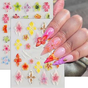 4 x Floral Nail Art Stickers 5D Embossed Self-Adhesive Colorful Hibiscus Flowers Nail Decals 2Pcs Nail Stickers Pink Yellow Blue Flowers Nail Art Supplies for Women Acrylic DIY Manicure Spring Nail Decor