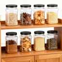 Kifmurase 8Pcs Square Clear Plastic Jars with Pinch Handle, Plastic Storage Jars with Screw-on Lids, 37 OZ Reusable Wide Mouth Canisters for Dry Goods, Cookies, Candy