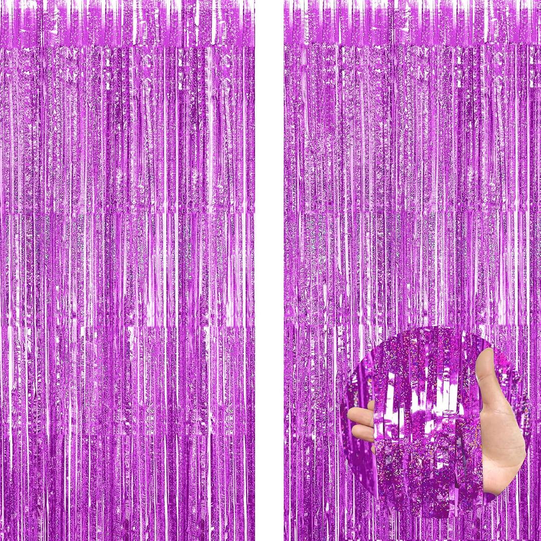 2 Pack 3.3x8.2 Ft Purple Foil Fringe Curtains Birthday Party Streamers Decorations Backdrop Graduation Engagement Wedding Baby Shower Photo Booth Props Bachelorette Halloween Christmas
