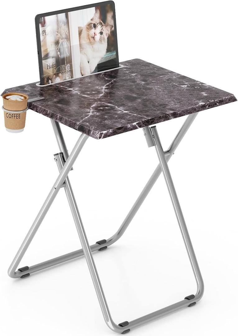 Folding TV Tray Table,TV Dinner Table with Sturdy MDF Top, Foldable Desk with Cup Holder Portable, Eating Trays for Living Room with No Assembly Required, 15 x 18.9 x 25.6 in (Black Marble) (1PC)
