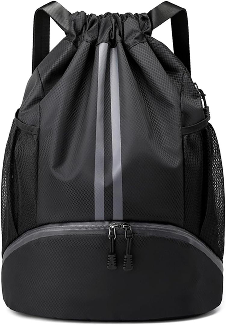 Drawstring Backpack Gym Bag with Shoes Compartment for Soccer, Basketball, Swim, Water-Resistant String Backpack Beach Cinch for Women Men (Large, Black)