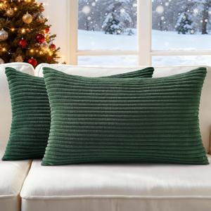 Mecatny Christmas Decorative Corduroy Throw Pillow Covers 12x20 Set of 2 for Sofa Living Room, Soft Neutral Boho Couch Pillow Covers for Home Decor, Christmas Green