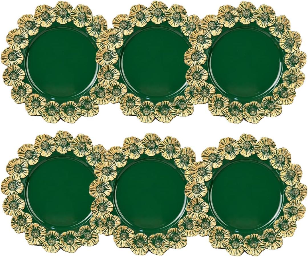 Green Charger Plates with Flower Rim, 13" Round Charger for Dinner Plates, Set of 6 Plastic Plate Chargers for Halloween, Thanksgivng, Christmas.