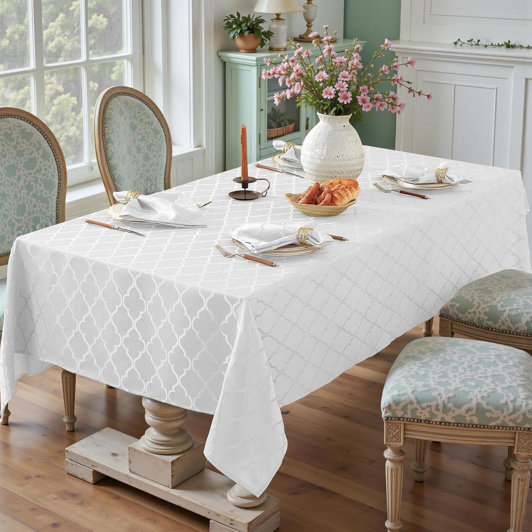 Larponder Summer Tablecloth Rectangle, Jacquard Polyester Table Cloth, Washable & Spill Proof Table Cover for Spring Kitchen Dining Party Picnic (Square, 52" x 52", White)
