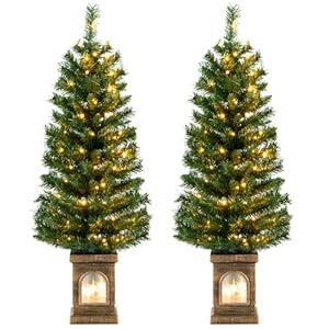 Goplus 4ft Pre-Lit Christmas Tree for Entrances, Set of 2 Artificial Potted Xmas Tree with 100 LED Lights, Timer, 3 Lighting Modes, 160 Branch Tips, Antique Urn Base, Porch Holiday Decor