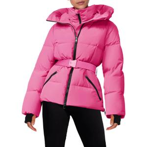 Fisoew Womens Ski Jacket Warm Hooded Insulated Waterproof Quilted Puffy Mountain Snow Winter Coat with Belt (Small, Rose Red)