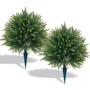 2 Pack Artificial Cedar Topiary Trees with Ground Spike, Fake Pine Shrubs Bushes, UV Resistant Faux Evergreen Cypress Tree Plants for Indoor Outdoor Planters Front Porch