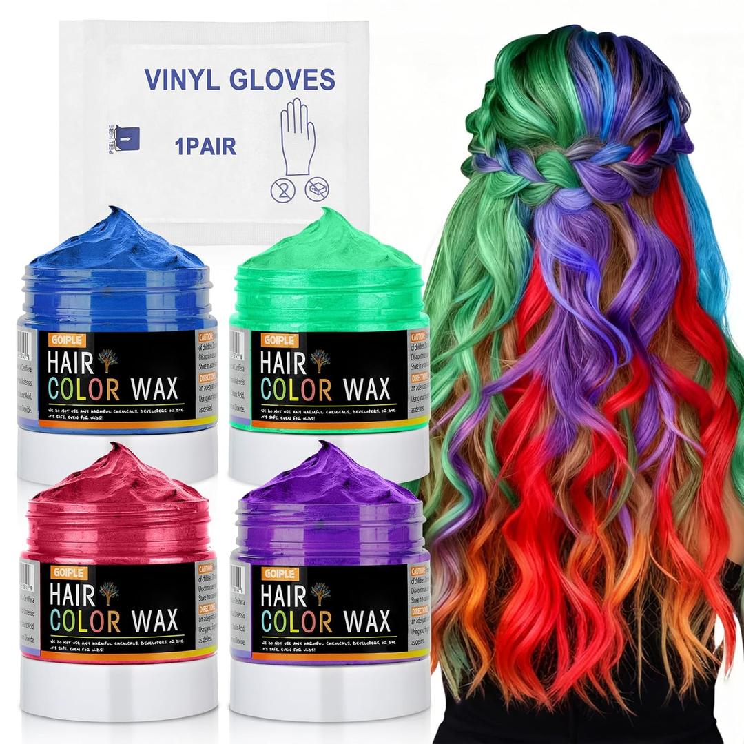 4Pcs Temporary Hair Color Wax for Christmas Party, Daily Party Cosplay Stocking Stuffers DIY Washable Hair Chalk Natural Instant Hair Color for Women Temporary Hair Dye for Kids Teens Women Men 40g