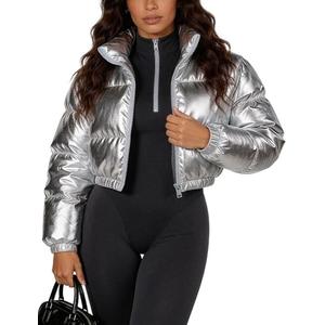 COZYPOIN Women's Metallic Shiny Cropped Puffer Jacket Long Sleeve y2k Zip Up Padded Down Short Coat Outerwear Small