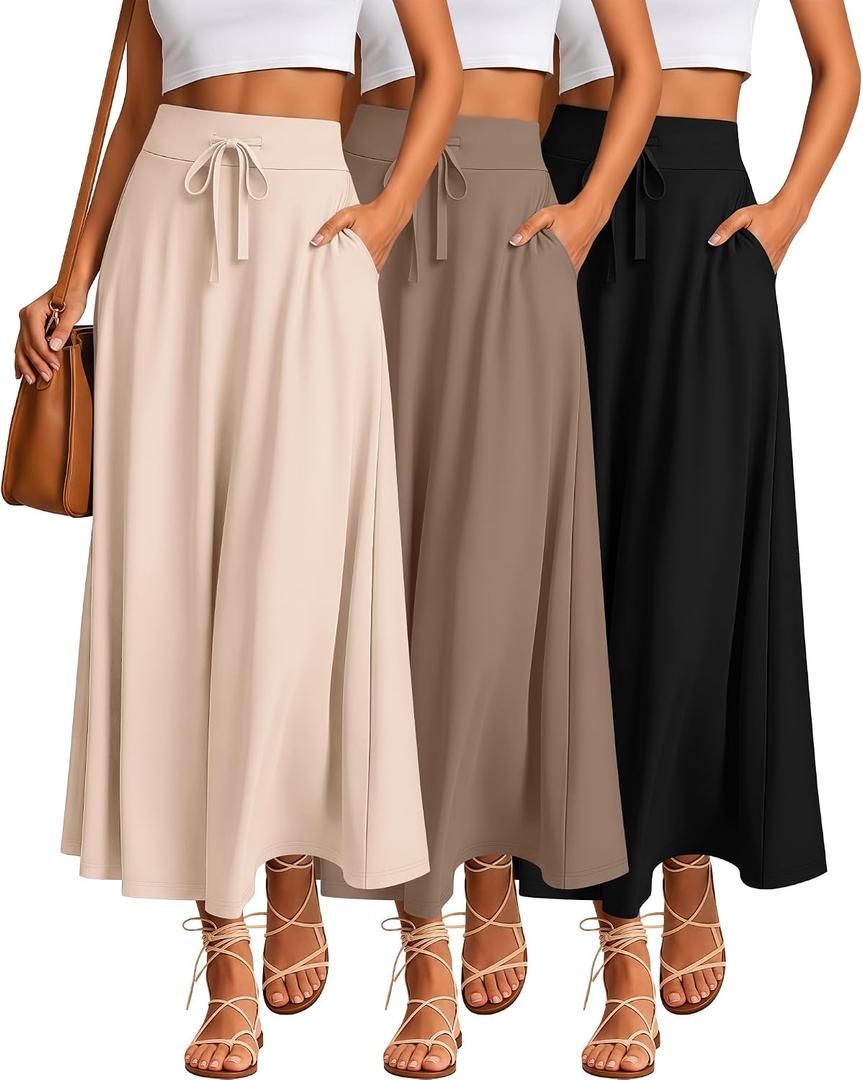 Riyiper 3 Pack Women's Maxi Skirts Long Skirts with Pockets Lightweight a Line Drawstring Ankle Length Flowing Casual Summer, Small