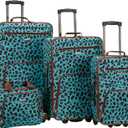 Rockland Fashion Softside 4 Piece Luggage Set, Expandable, (14" Tote/19"/24"/28"), Blue Leopard