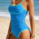 Eomenie Womens One Piece Swimsuits Tummy Control Slimming Bathing Suit for Women Color Block Swimwear Ruched Swim Suit (Blue, L)