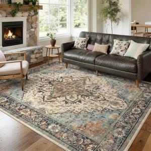 8x10 Machine Washable Area Rug for Living Room, Blue Beige Boho Vintage Floral Rug Large Non-Slip Low Pile Soft Faux Wool Carpet, Kids and Pets Friendly for Bedroom Dining Room Farmhouse Decor Rug