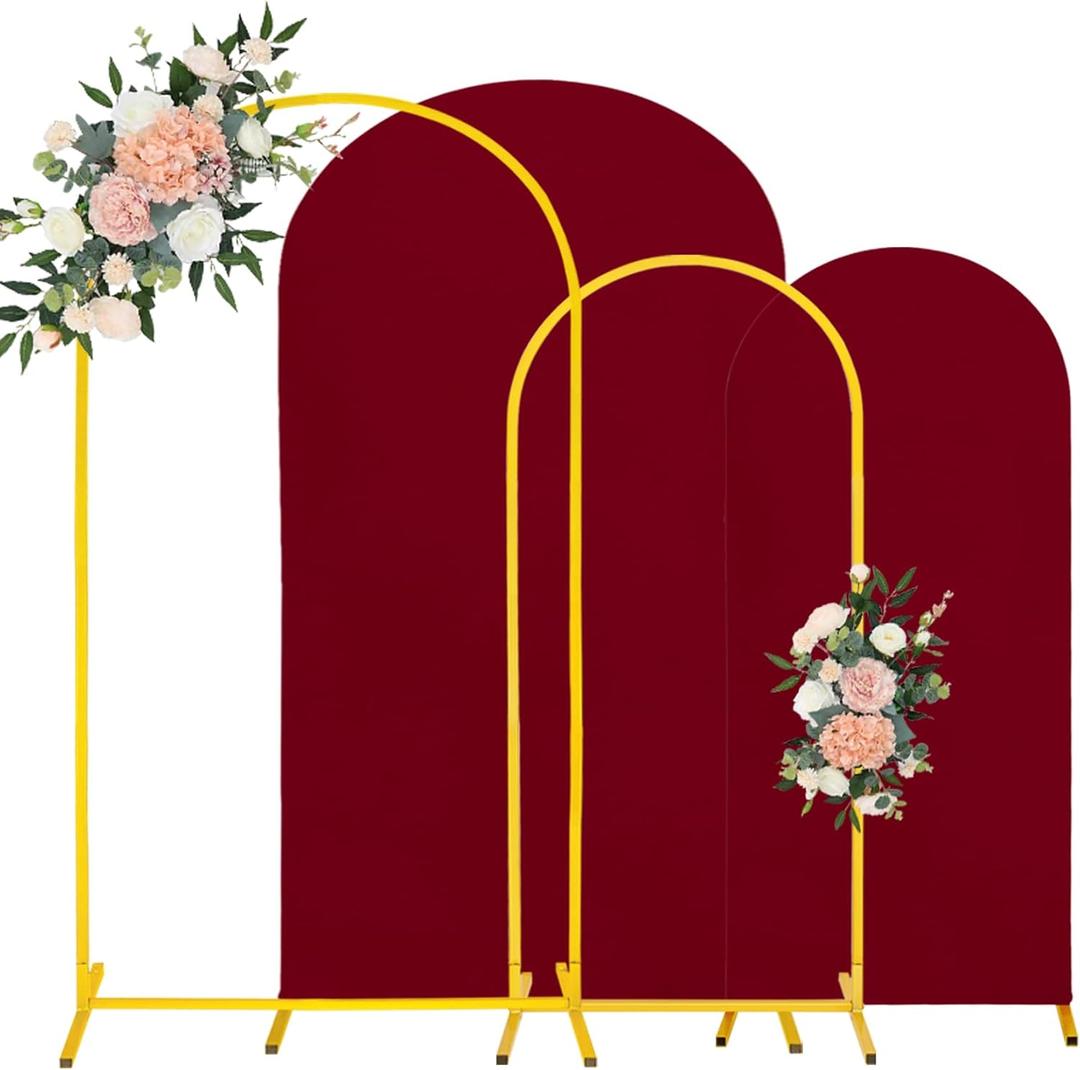7.2FT, 6FT Wedding Arch Stand and Matching Burgundy Spandex Fitted Arch Backdrop Cover Set, Round Top Chiara Backdrop Stands and Covers for Birthday Party Baby Shower Banquet Arch Decor (Burgundy)